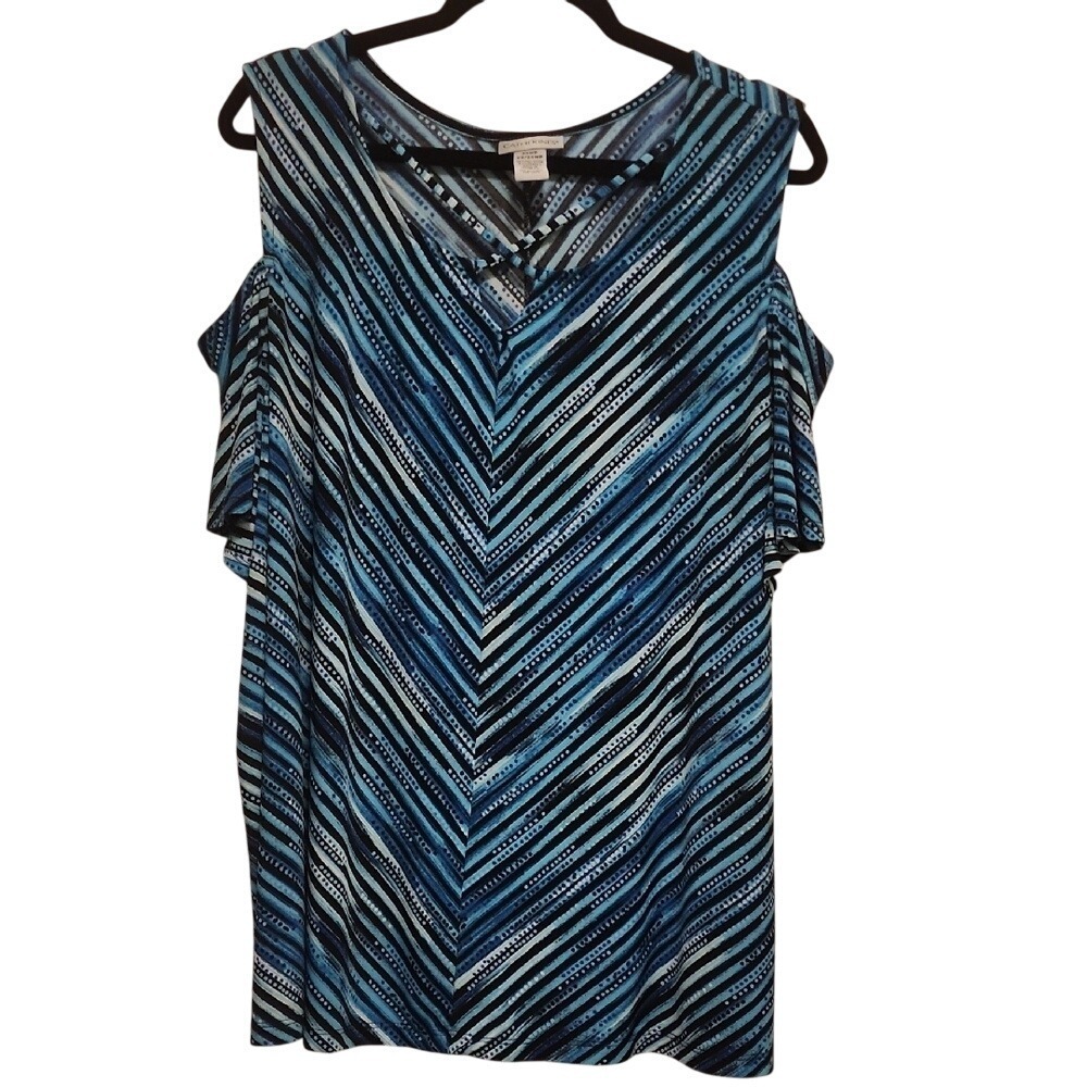 5 for $20 Catherines Cold Shoulder Top 2X WP Blue Chevron Print Office Siren